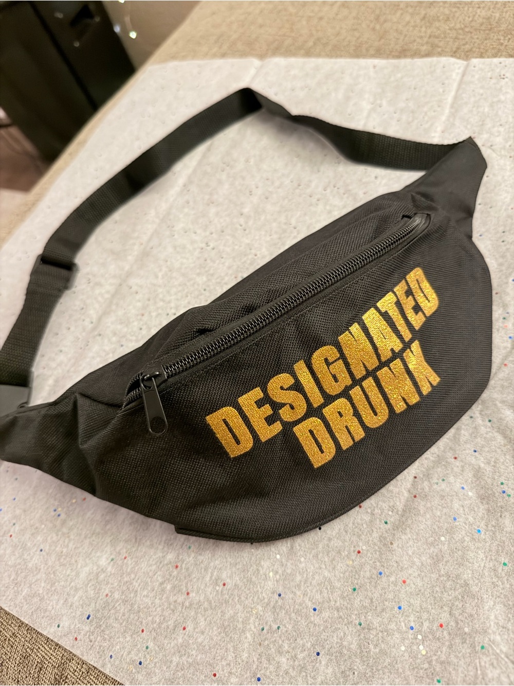 Black With Gold Glitter Metallic โdesignated Drunkโ FANNY PACK Waist Bag